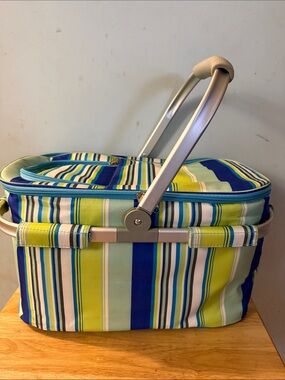 Collapsible Insulated Picnic Basket - Blue, Lime & Teal.